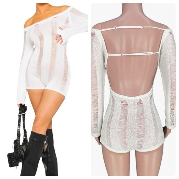 Unbranded Risque White Distressed Romper -- M - Picture 1 of 12